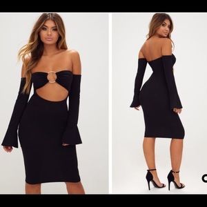 Black o ring cut out bell sleeve midi dress